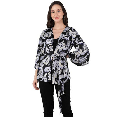 Women's Shrug (Multi Colored Printed Crepe Short Jacket with Waist tie-up & Bell Sleeve)