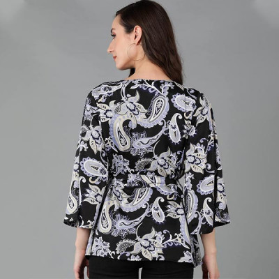 Women's Shrug (Multi Colored Printed Crepe Short Jacket with Waist tie-up & Bell Sleeve)