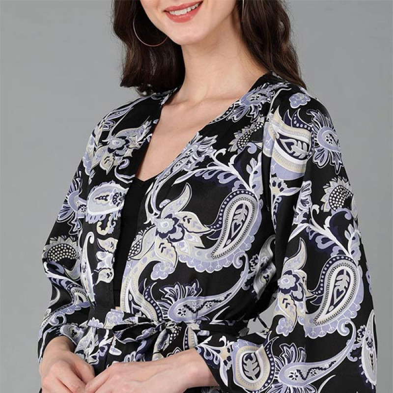 Women's Shrug (Multi Colored Printed Crepe Short Jacket with Waist tie-up & Bell Sleeve)