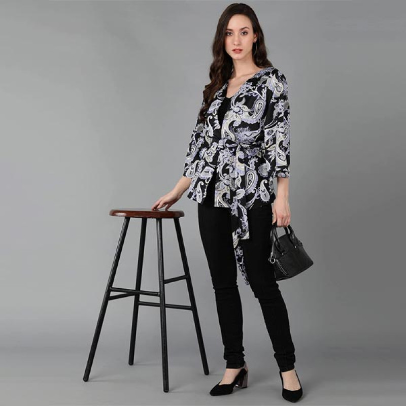 Women's Shrug (Multi Colored Printed Crepe Short Jacket with Waist tie-up & Bell Sleeve)
